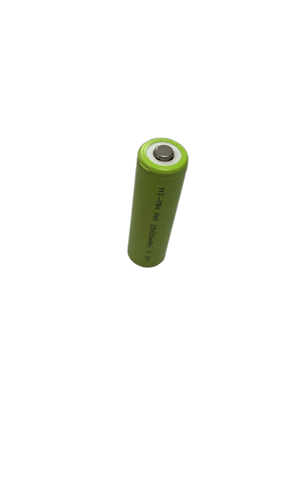 Ni-MH AA rechargeable batteries placed next to a small LED decorative lamp and charger, showing practical use of Ni-MH AA battery in lighting devices.