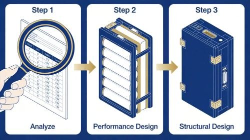 Proven 3-Step Battery Design Process: From Performance to Structural Design 1 Battery Design Process Infographic - 3-Step Custom Battery Design Workflow from Performance to Structural Design