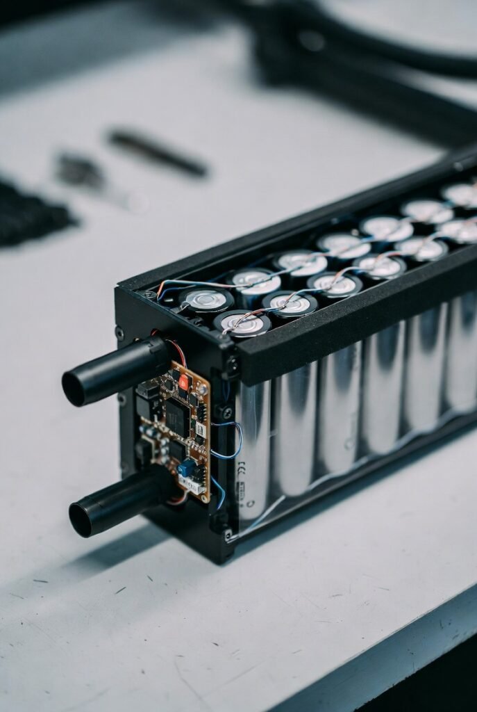 custom lithium battery packs integrated into LED lighting systems showing compact lithium cell structure with BMS protection board and wiring in a clean industrial assembly environment, no text, no people