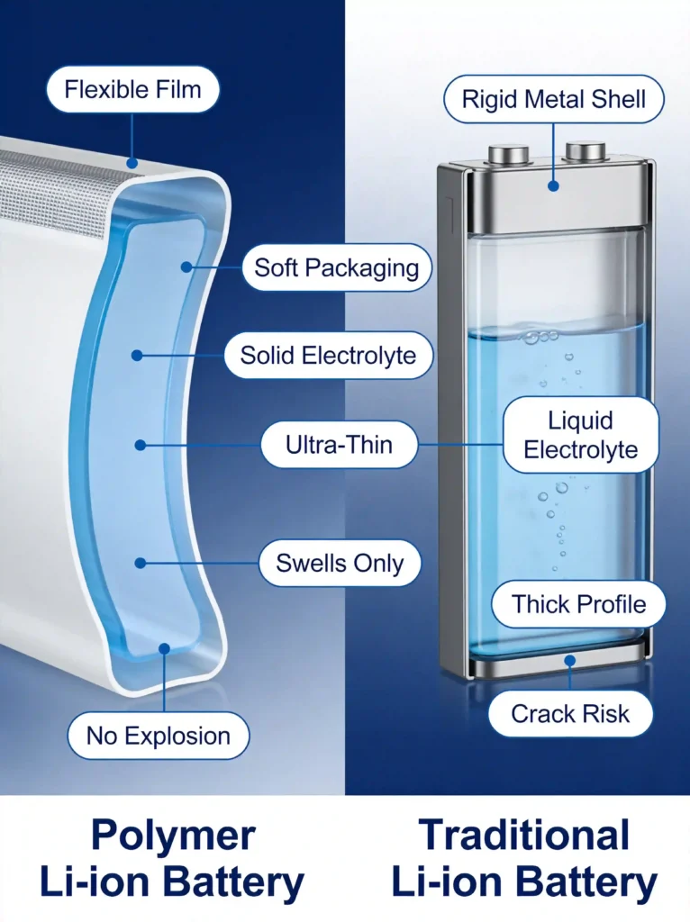 Polymer batteries for AED integrated into modern portable medical emergency equipment with compact lithium polymer battery pack design and medical-grade power system components.