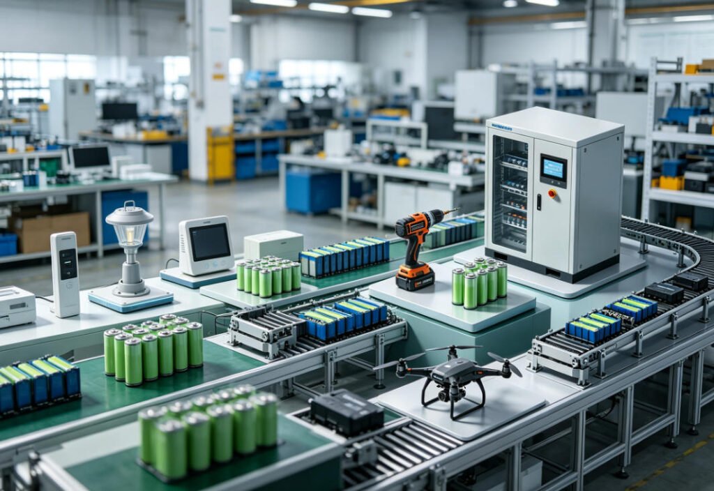 shot of disposable primary batteries and rechargeable lithium cells on industrial workbench