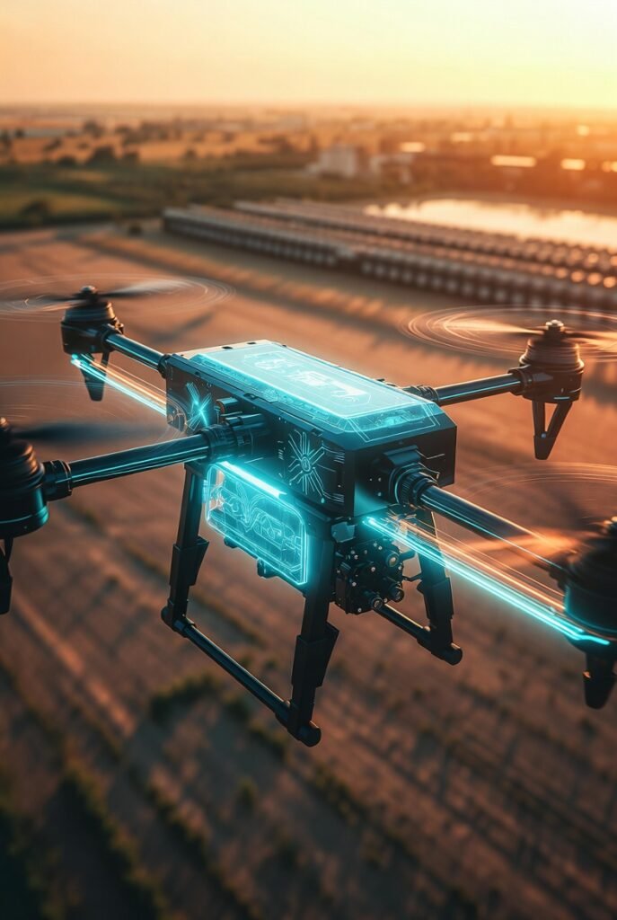 Professional drone in flight with highlighted battery pack and energy visualization.