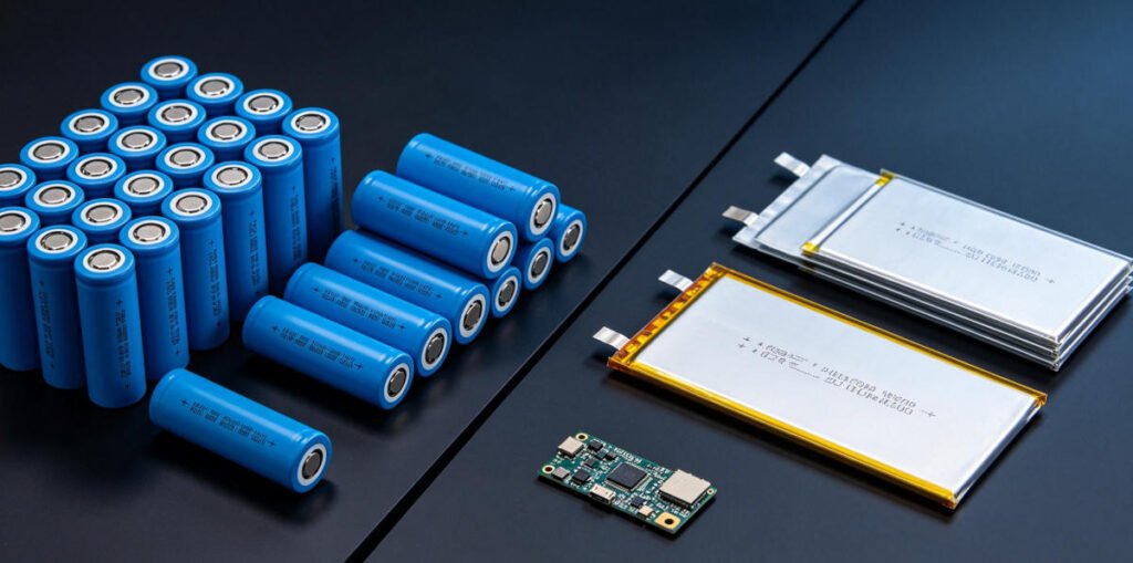 Li‑ion vs Li‑polymer Battery: Key Differences for Industrial Sourcing 1 li‑ion vs li‑polymer battery: cylindrical li‑ion cell and soft pouch li‑polymer battery side‑by‑side for industrial project comparison